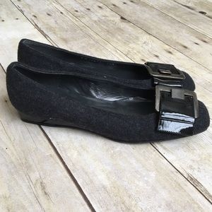 STUART WEITZMAN Gray Wool Buckle Square Toe Flats